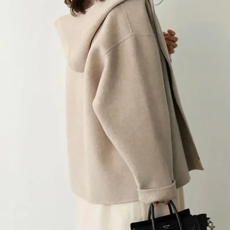 Manteau en laine à capuche pour femme, nouvelle Version édition coréenne, ample, couleur unie, mode décontractée, veste en laine, Streetwear Y2k, automne hiver
