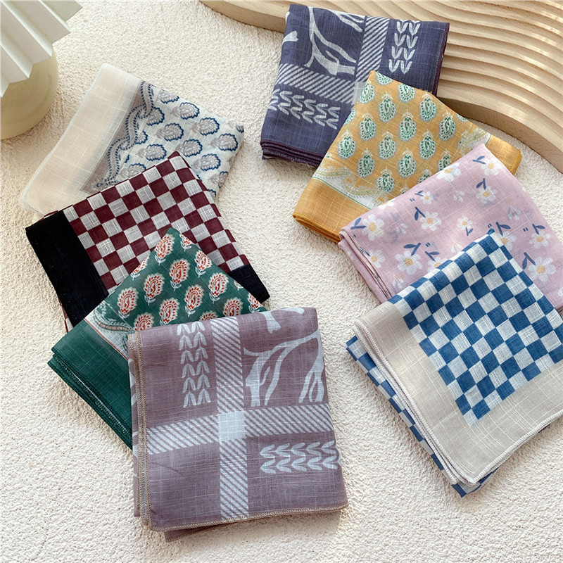 Foulard Carré en Coton et Lin pour Femme, Bandana Imprimé Floral à Carreaux, Bandeau de Cheveux, Turban Cirondsauna