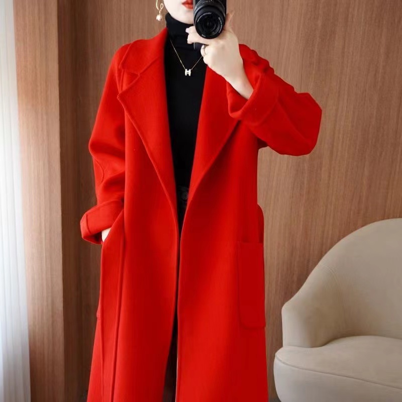 Manteau en laine 100% pour femme, vêtement de tempérament, Double face, en cachemire avec ceinture, pardessus Long élégant, mode automne/hiver 2024