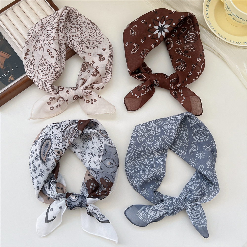 Petits foulards en lin et coton pour femmes, 58x58cm, légers, doux et respirants, foulard Boho imprimé à pois Paisley, Bandana pour cheveux