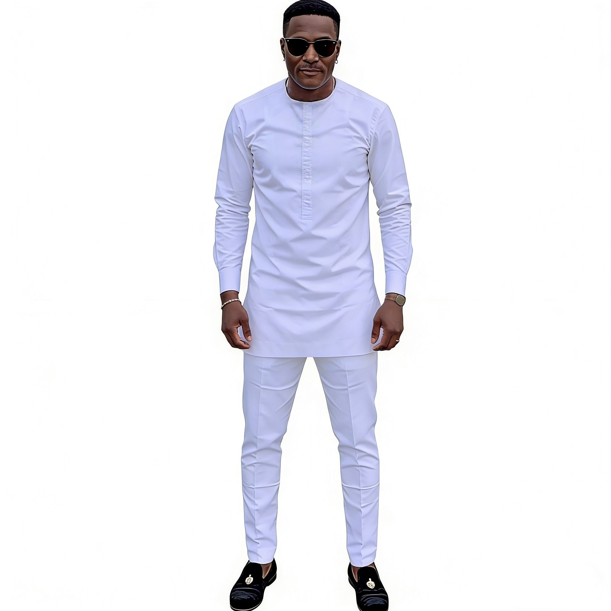Ensembles pour hommes, hauts et pantalons à manches longues, blanc uni, Design Original, costumes sur mesure, Couture africaine, vêtements de fête