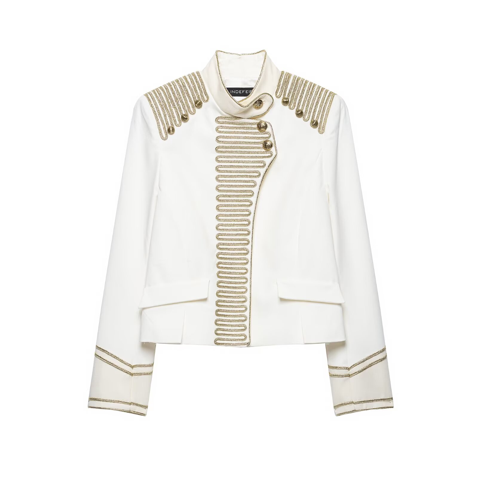 BSAY Nouvelle Veste Courte Napoléonienne Vintage pour Femme avec Broderie Chaîne Dorée, Col Montant, Poignets Contrastants, Boutons Décoratifs, Coupe Ajustée