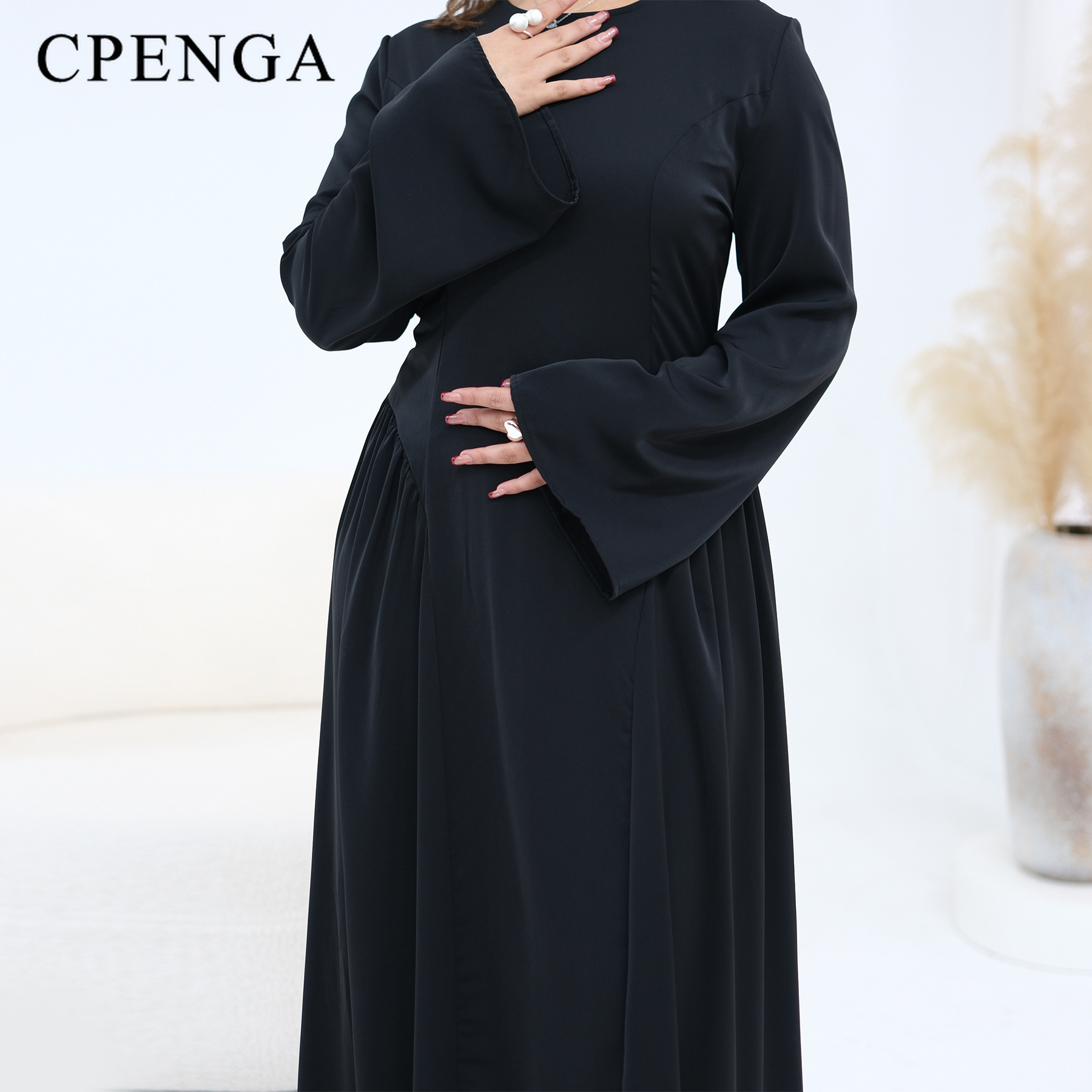 Abaya élégante et modeste pour femmes musulmanes, robe longue unie grande taille avec lien à la taille au dos, tenue islamique décontractée à manches longues pour le Ramadan