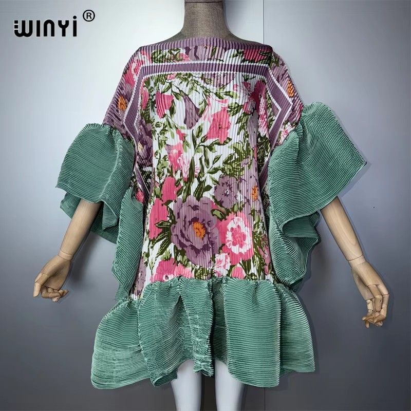 Robe Courte Plissée Élastique WINYI pour Femme – Élégante Robe de Plage, Kaftan, Abaya, Mode Musulmane, Tenue de Soirée de Luxe pour Dubaï