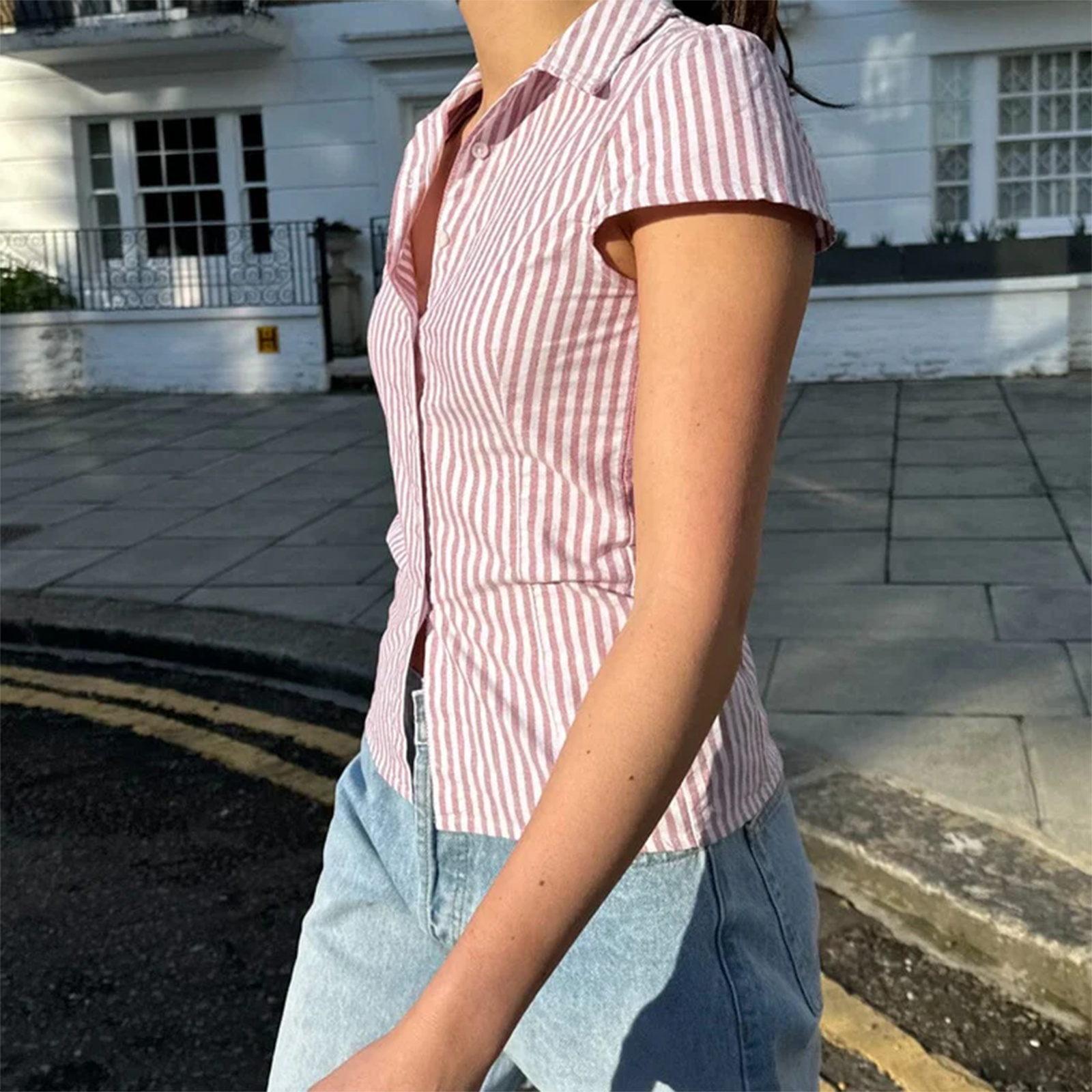 Chemise d'été décontractée pour femmes, coupe cintrée, manches courtes, revers boutonné, couleur unie/imprimé rayé, hauts Vintage