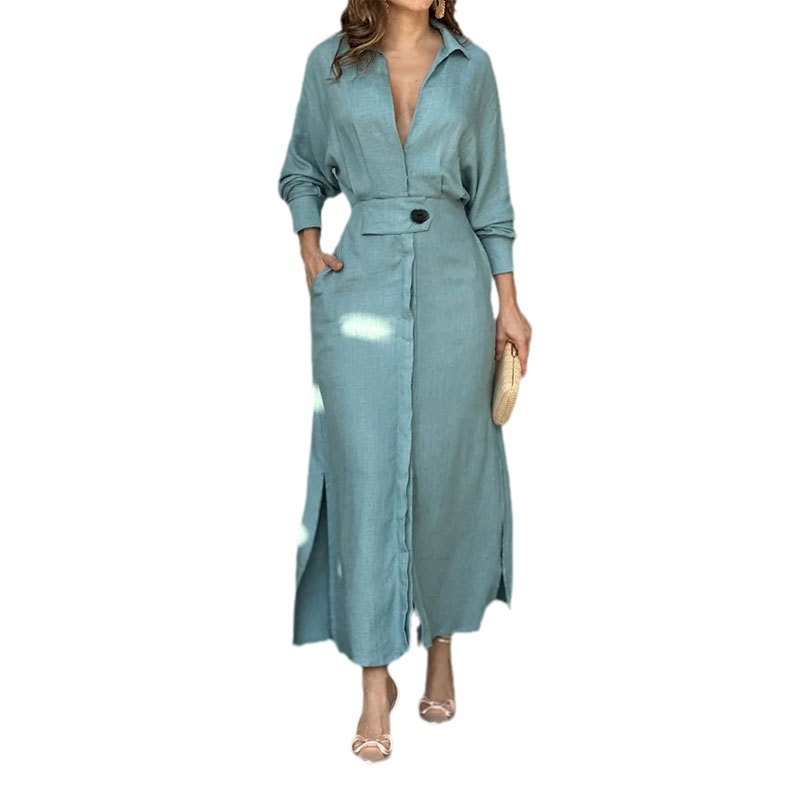 Robe femme automne nouvelle mode élégante à manches longues loisirs couleur unie col en V Sexy dames chemise robes déplacements Streetwear