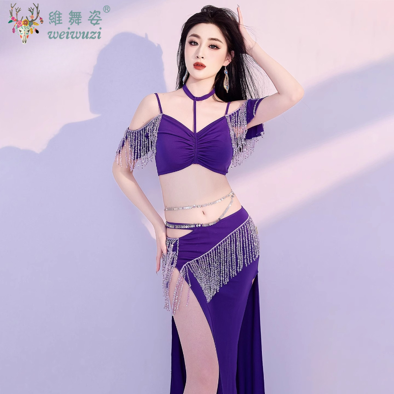 Ensemble de danse du ventre avec pompon, jupe longue cloutée de diamants, tenue de spectacle de danse orientale, vêtements de compétition pour femmes