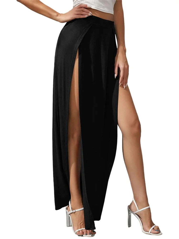 Jupes taille haute élastiques pour femmes, couleur unie, fente latérale haute, coupe ample, longues, vêtements de plage