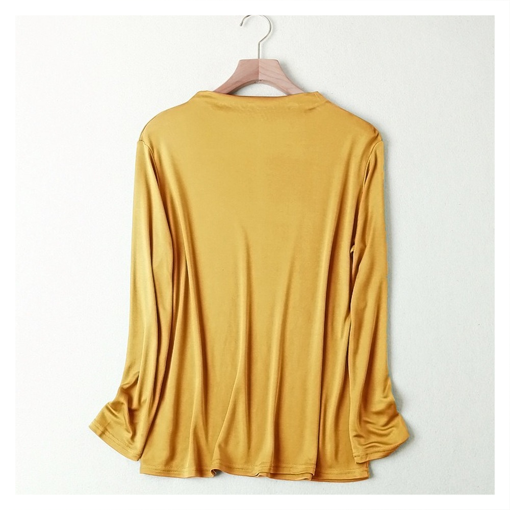 T-shirt en soie tricoté à manches longues pour femme, haut polyvalent à bascule, col rond, couleur unie, soie mûre, printemps et automne