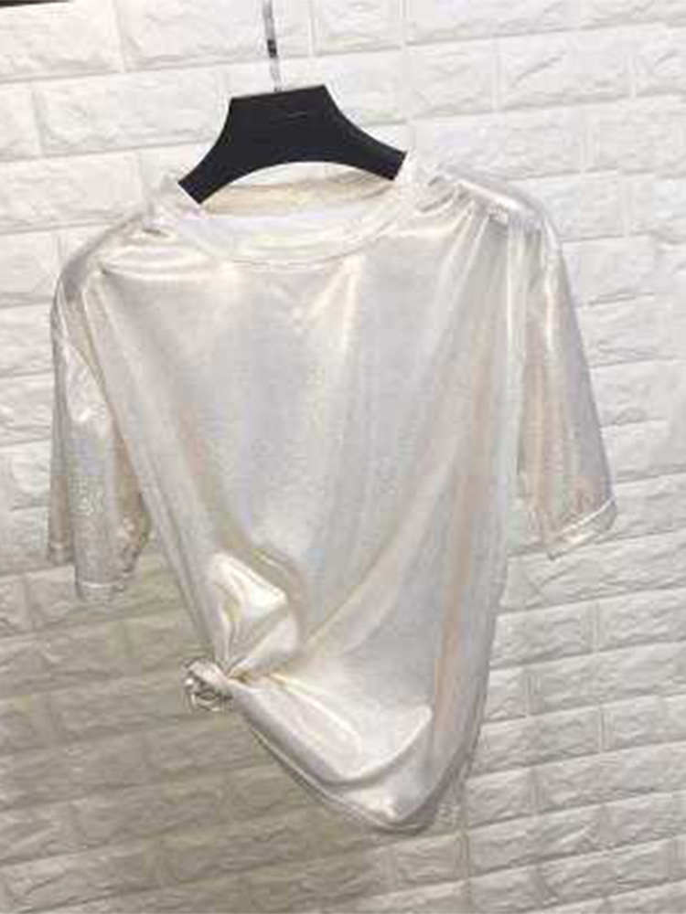 Été femme hauts brillant ample à manches courtes t-shirt sexy club esthétique harajuku femmes élégant brillant soie t-shirt