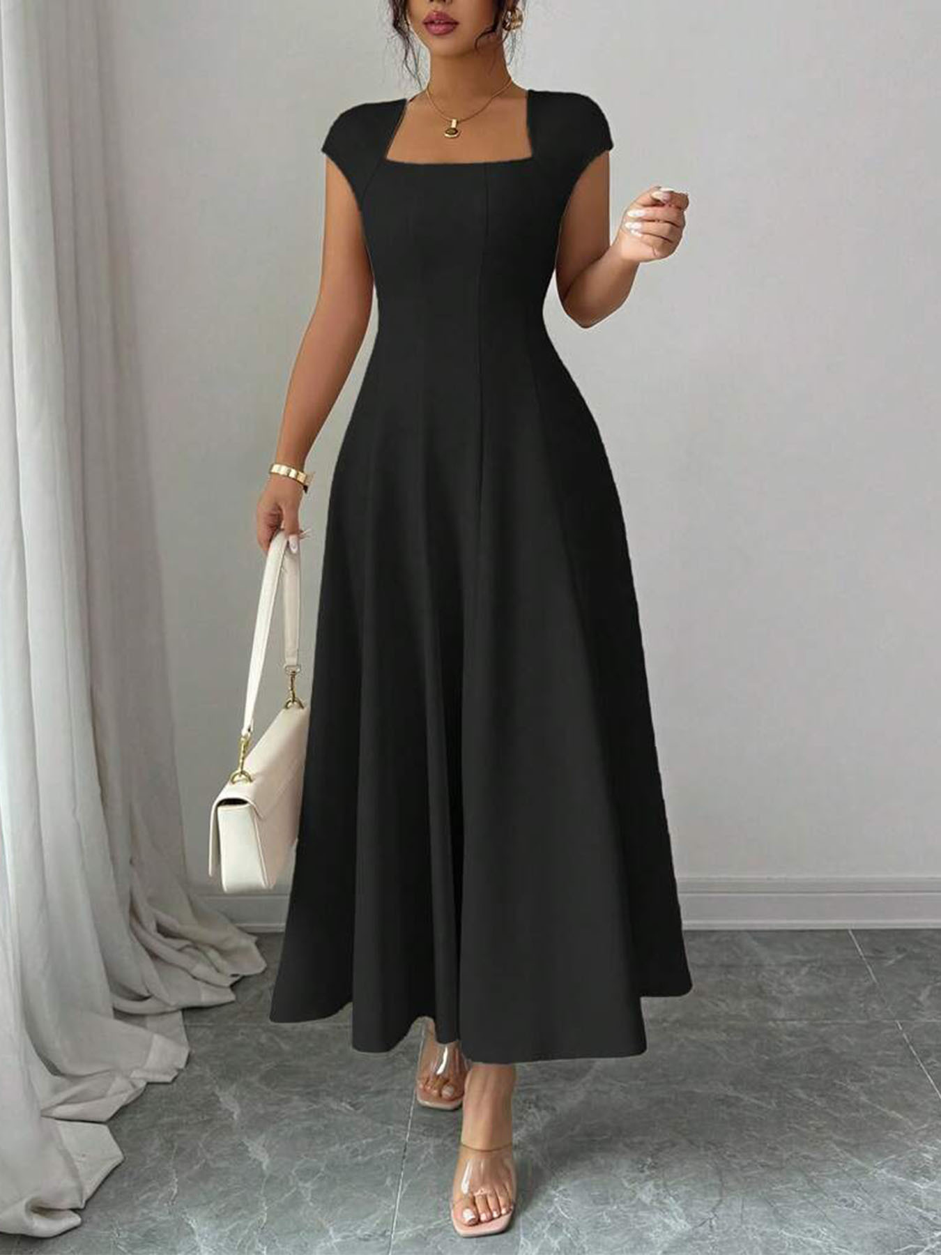Robe midi à col carré pour femme, robe évasée ajustée à manches courtes, tenue élégante pour le bureau, les fêtes et les rendez-vous