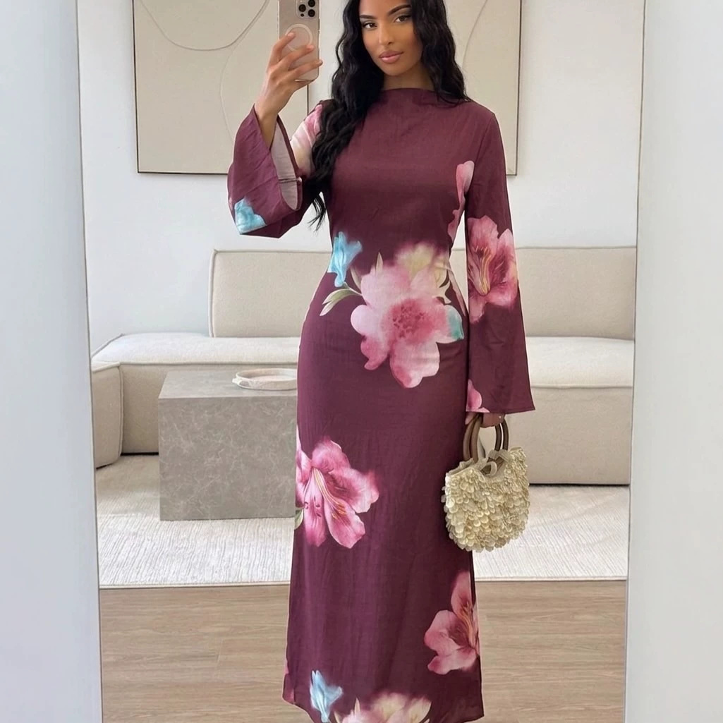 Robe Abaya Florale d'Été pour Femme avec Ceinture à Nouer Manches Longues Élégante Modeste Kaftan Musulman Tenue de Luxe Dubaï pour l'Aïd 2026