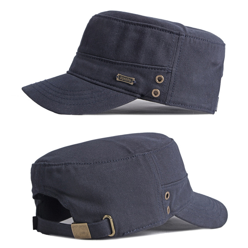 Casquettes militaires décontractées pour hommes, casquettes militaires en coton à dessus plat pour femmes, chapeau de soleil noir de couleur unie, visière avec étiquette en métal, bord incurvé réglable