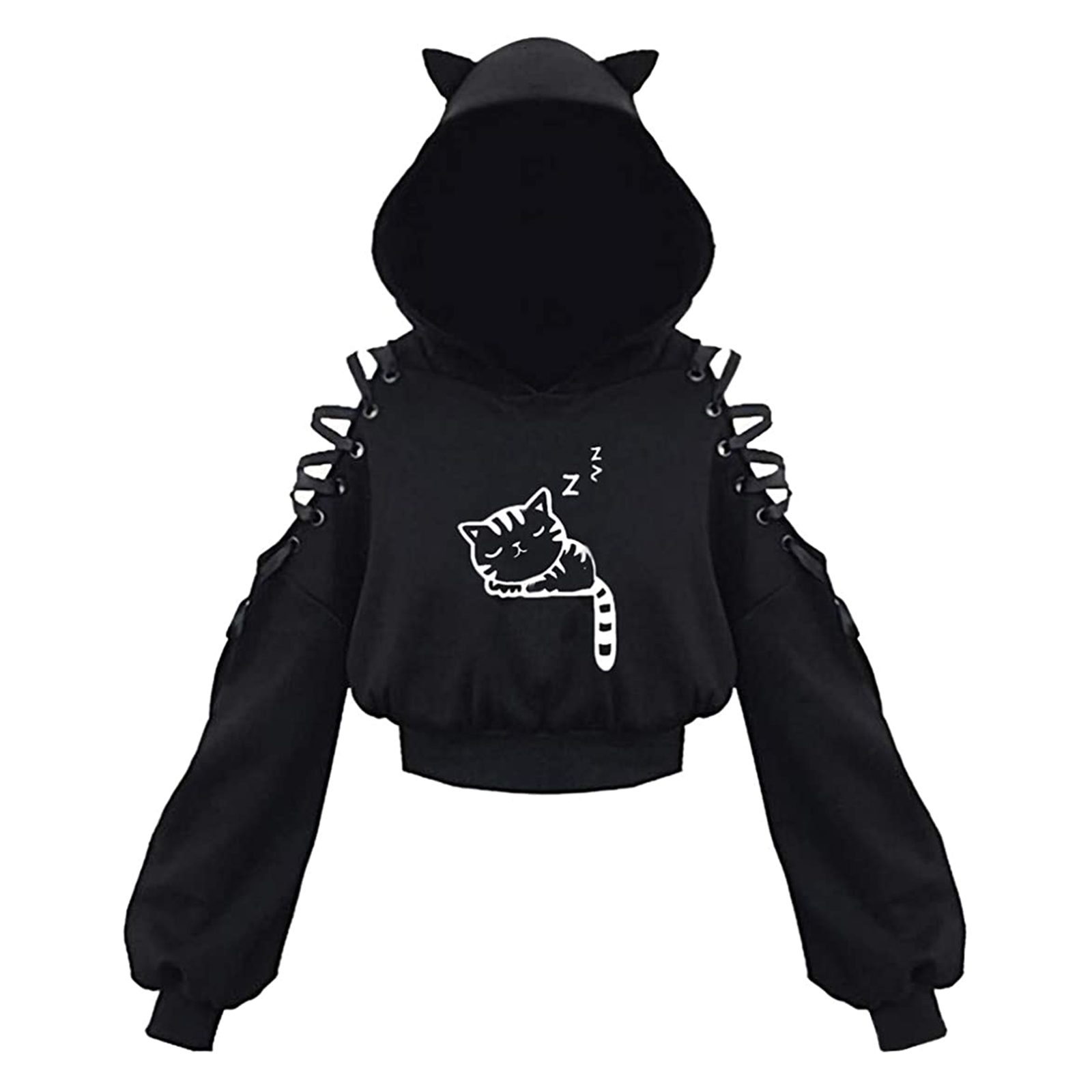Sweat à capuche à manches longues pour femmes, Kawaii, oreilles de chat, gothique, Punk, Harajuku, épaule froide, Bandage, gothique, noir, 2021