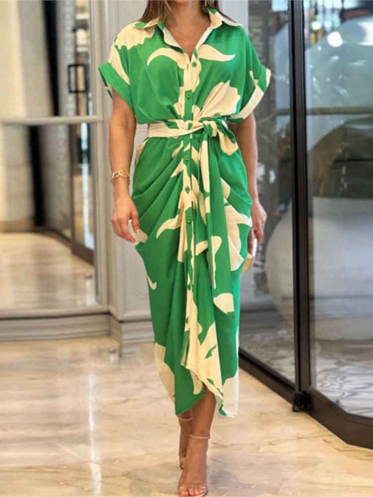 Robes Élégantes pour Femme 2026 – Robe Imprimée Irrégulière à Col Revers et Lacets, Coupe Slim Contrastante, Idéale pour le Travail et les Occasions Spéciales