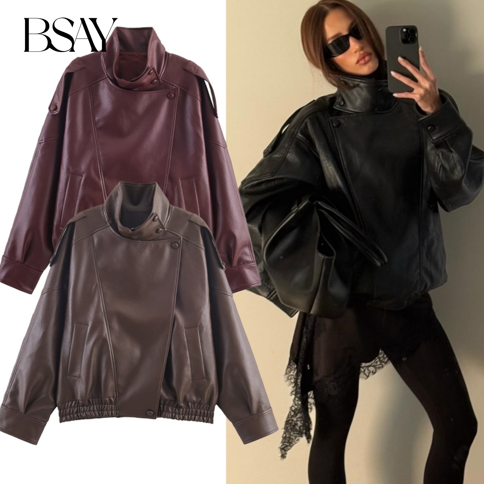 BSAY veste en simili cuir vêtements pour femmes automne hiver nouveau ample à manches longues poche zippée PU manteaux courts rue chic dames hauts