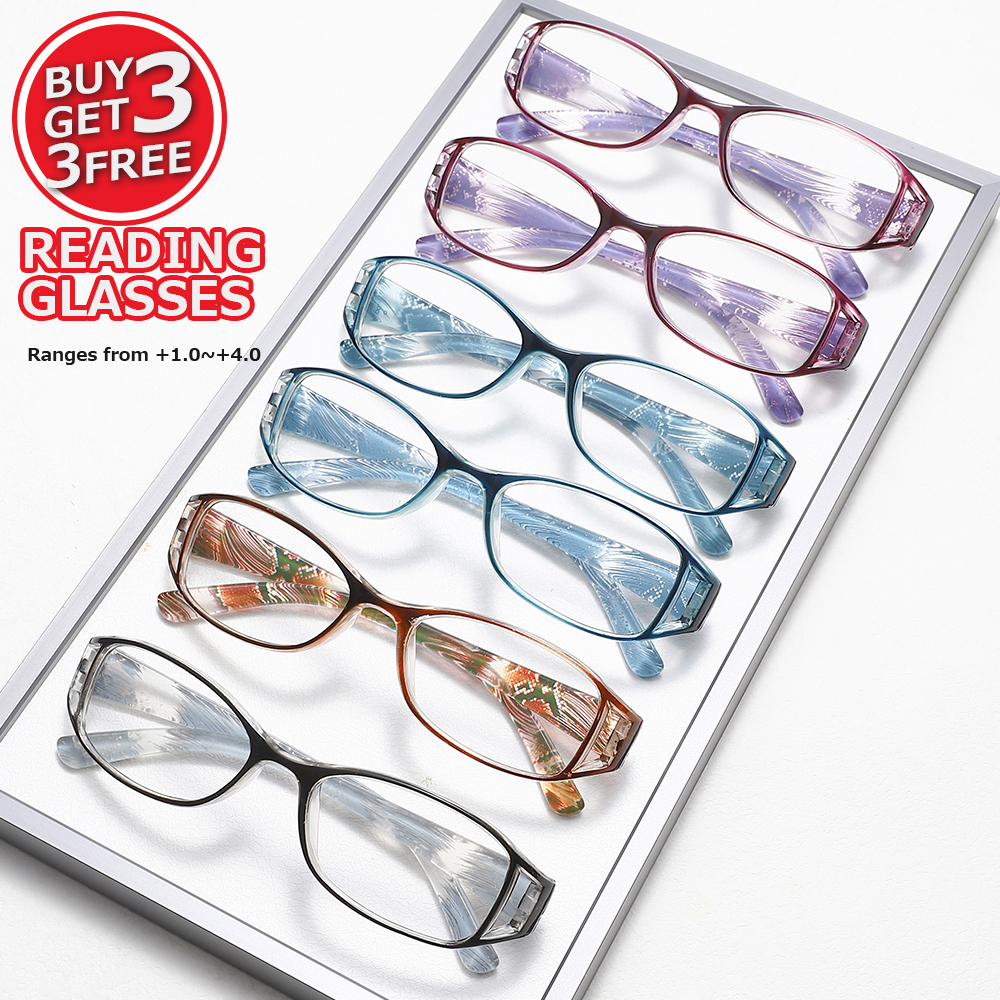 6 paires de lunettes de lecture rectangulaires à petite monture pour femmes, design imprimé texturé, anti-lumière bleue, multicolores, portables