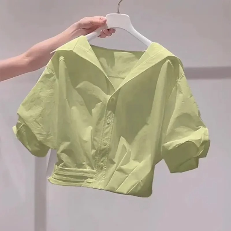Fanan Nouvelle Collection Été 2026 Chemise Femme à Col Revers et Manches Bouffantes, Coupe Ample, Haut Court