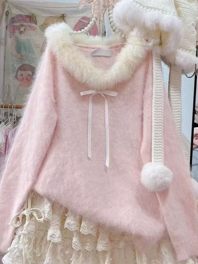 Pull en Patchwork pour femme, doux, Kawaii, mode japonaise, Vintage, fille chaude, hauts tricotés, Y2k, élégant, mignon, avec nœud, nouvelle collection hiver