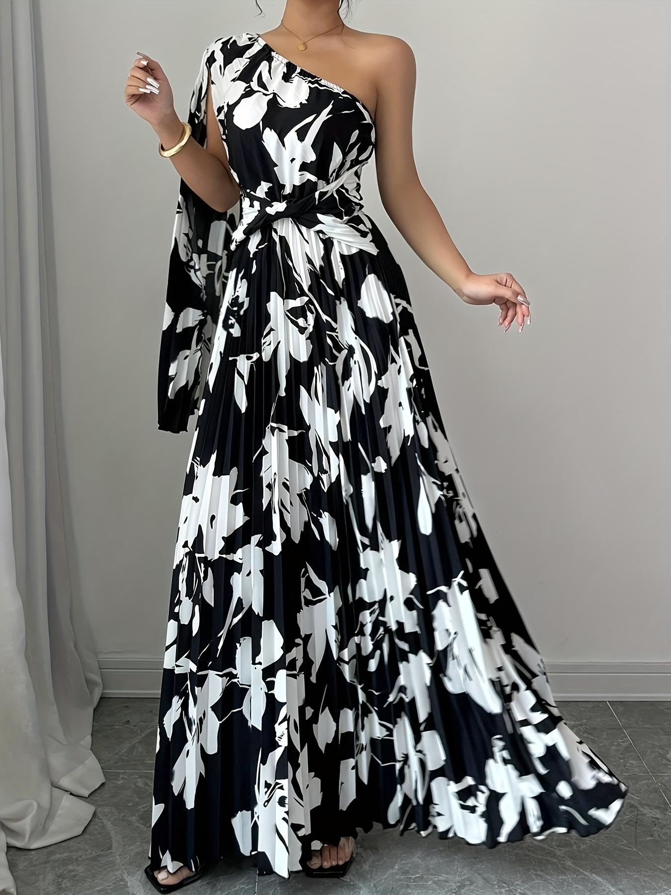 Robe longue élégante à imprimé floral pour femme, asymétrique à une épaule, avec manches bouffantes larges et taille froncée, idéale pour le printemps/automne, les tenues décontractées ou les soirées.