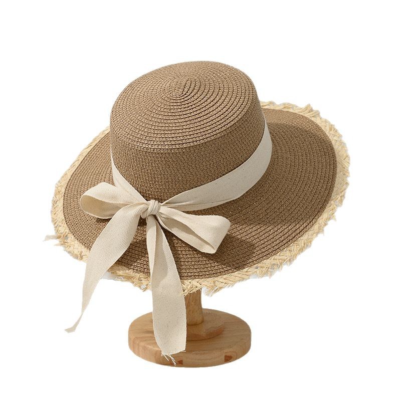 Chapeau de plage japonais tout bord poilu casquette de paille femme été plat haut sortie chapeau de soleil petit nœud frais pare-soleil chapeau de plage