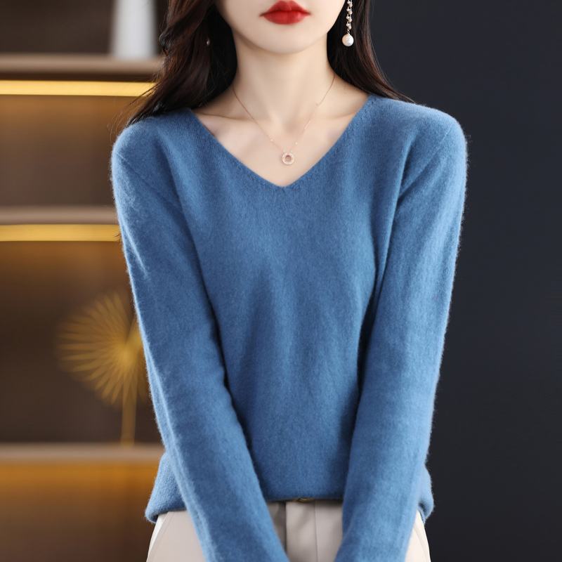 Pull en cachemire à col en V pour femme, 100% laine mérinos, pull basique, manches longues, tricots doux, document Y-Solid, vêtements d'automne et d'hiver