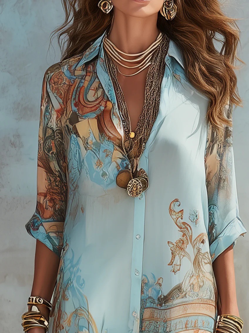 Robe chemise pour femmes en mousseline de soie, imprimé numérique, col rabattu, boutonnage simple, robes fluides, décontractées, style bohème, vêtements d'été