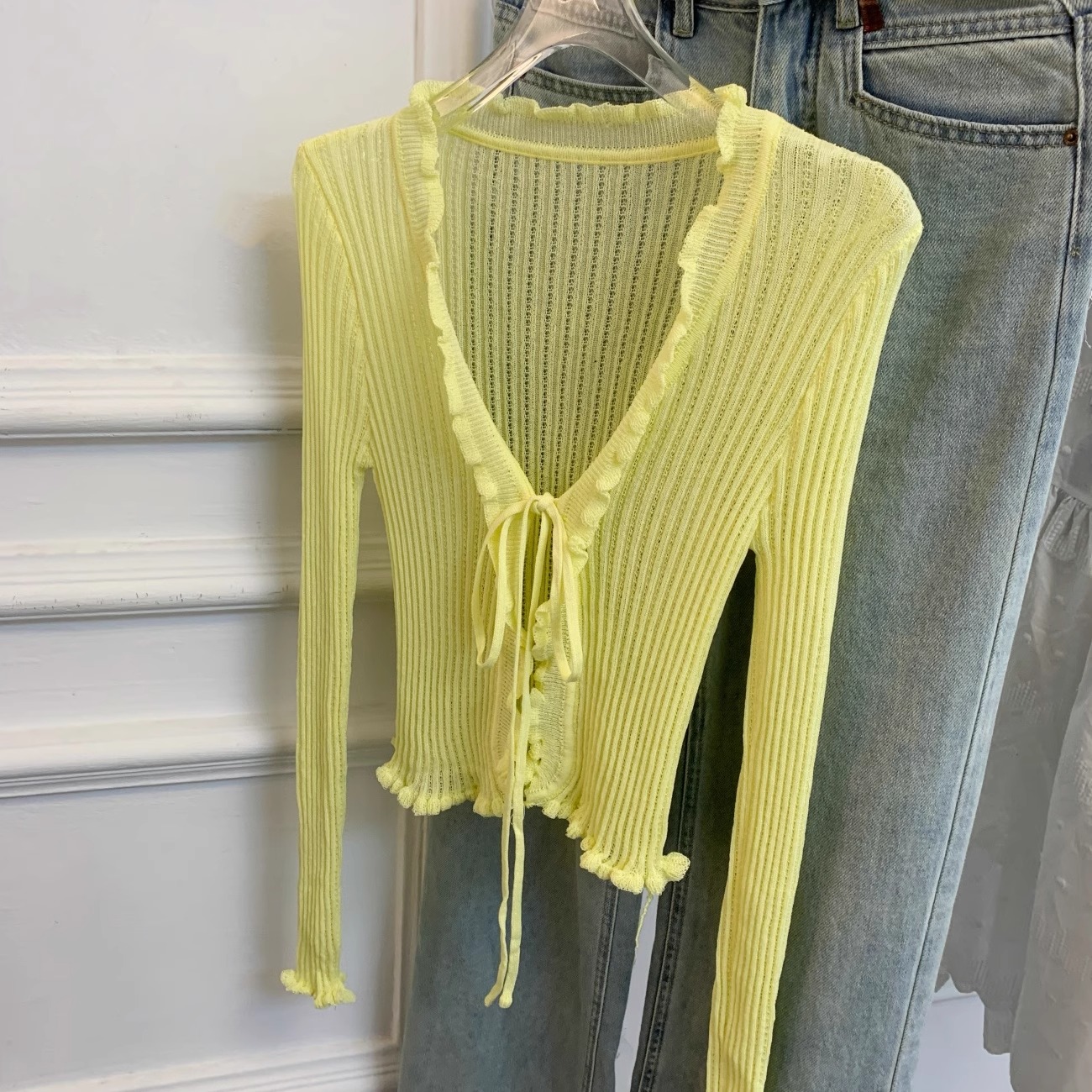 Haut court à manches longues pour femmes, garniture à volants, cravate sur le devant, manches longues, ouvert sur le devant, tricot côtelé, Cardigan, pull, tenue féerique d'été