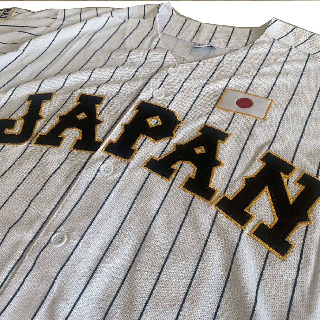 Maillot de baseball Japon 16 OHTANI Broderie cousue pas cher Haute qualité Vêtements de sport d'extérieur BLANC Rayures noires SAMOURAÏ