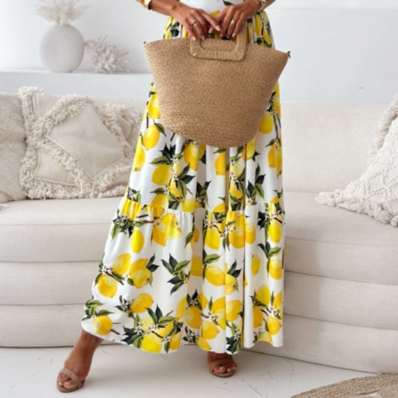 Robe longue d'été élégante pour femme, imprimé citron, à bretelles, pour la plage, les vacances, les soirées et les fêtes