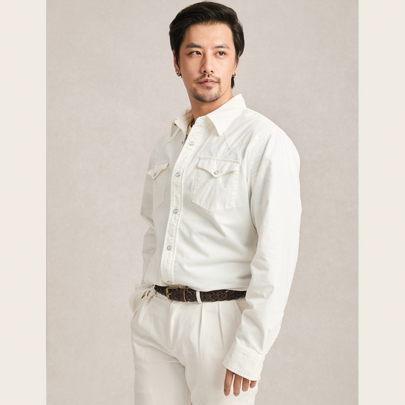 Chemise en jean délavé ivoire à manches longues pour homme, 100% coton, décorée de boutons, coupe cintrée américaine vintage, printemps/automne