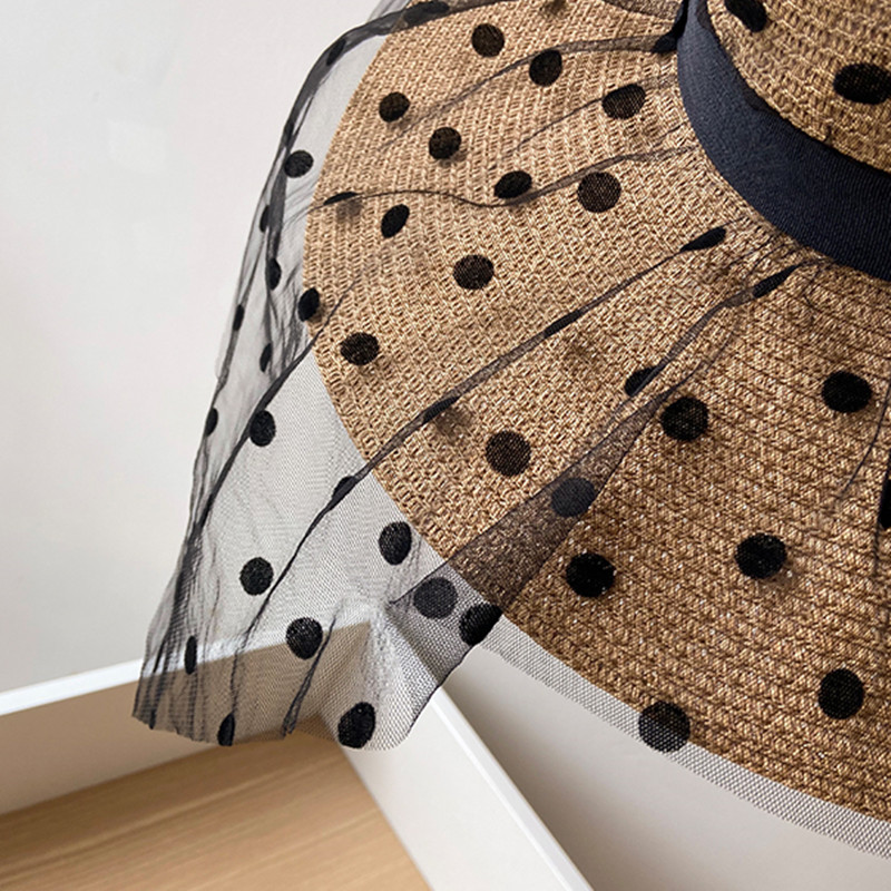 Chapeaux de paille en maille de dentelle pour femmes, chapeau de soleil à large bord, protection UV pliable, pois classiques et élégants, été