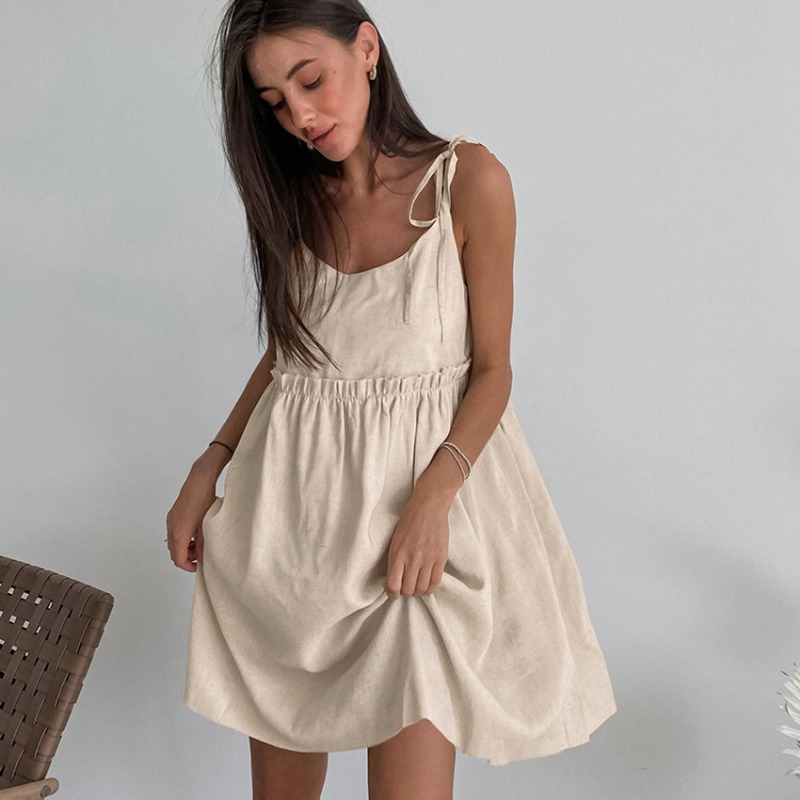 Robe à bretelles en coton et lin pour femmes, style de plage, fausse robe décontractée, bord à volants doux, robe à bretelles A-Line, printemps et été