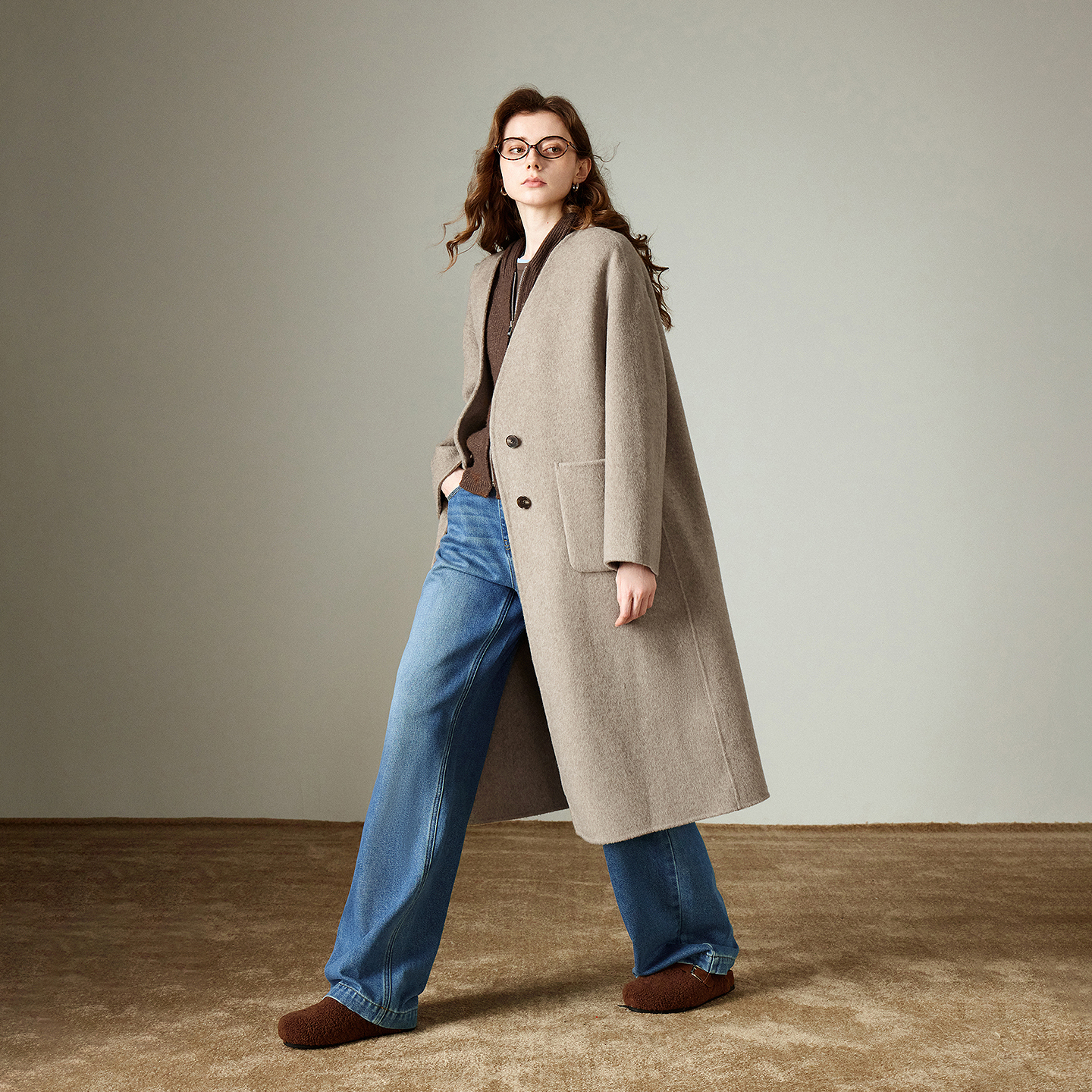 TOYOUTH femmes manteau en laine 2025 hiver nouveau col en V mi-long rétro femme pardessus veste Camel noir gris