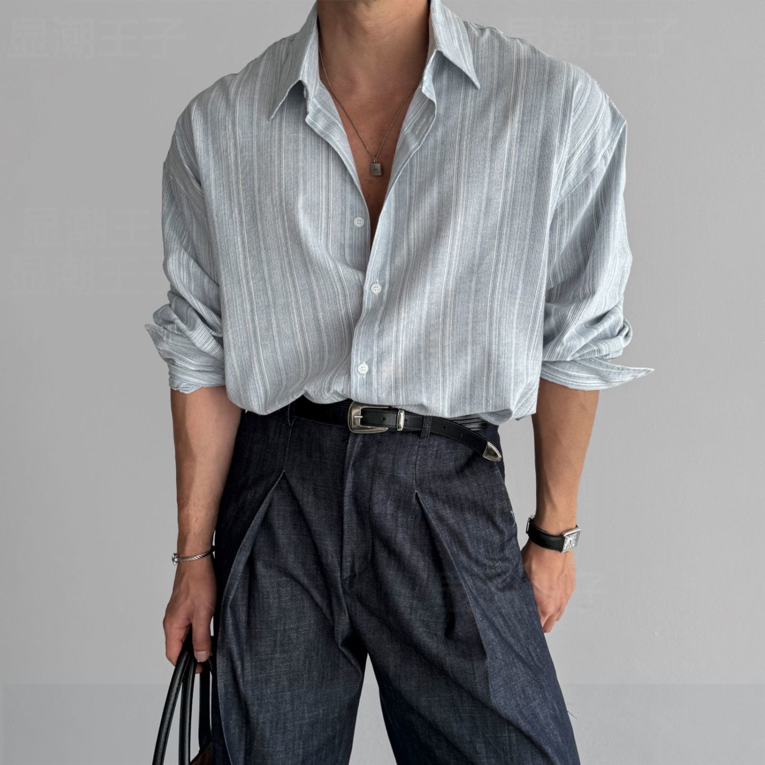 Chemise à manches longues en coton et lin pour hommes, chemises sans rebond, patchwork rayé, vêtements pour hommes, mode, nouveau, 2024