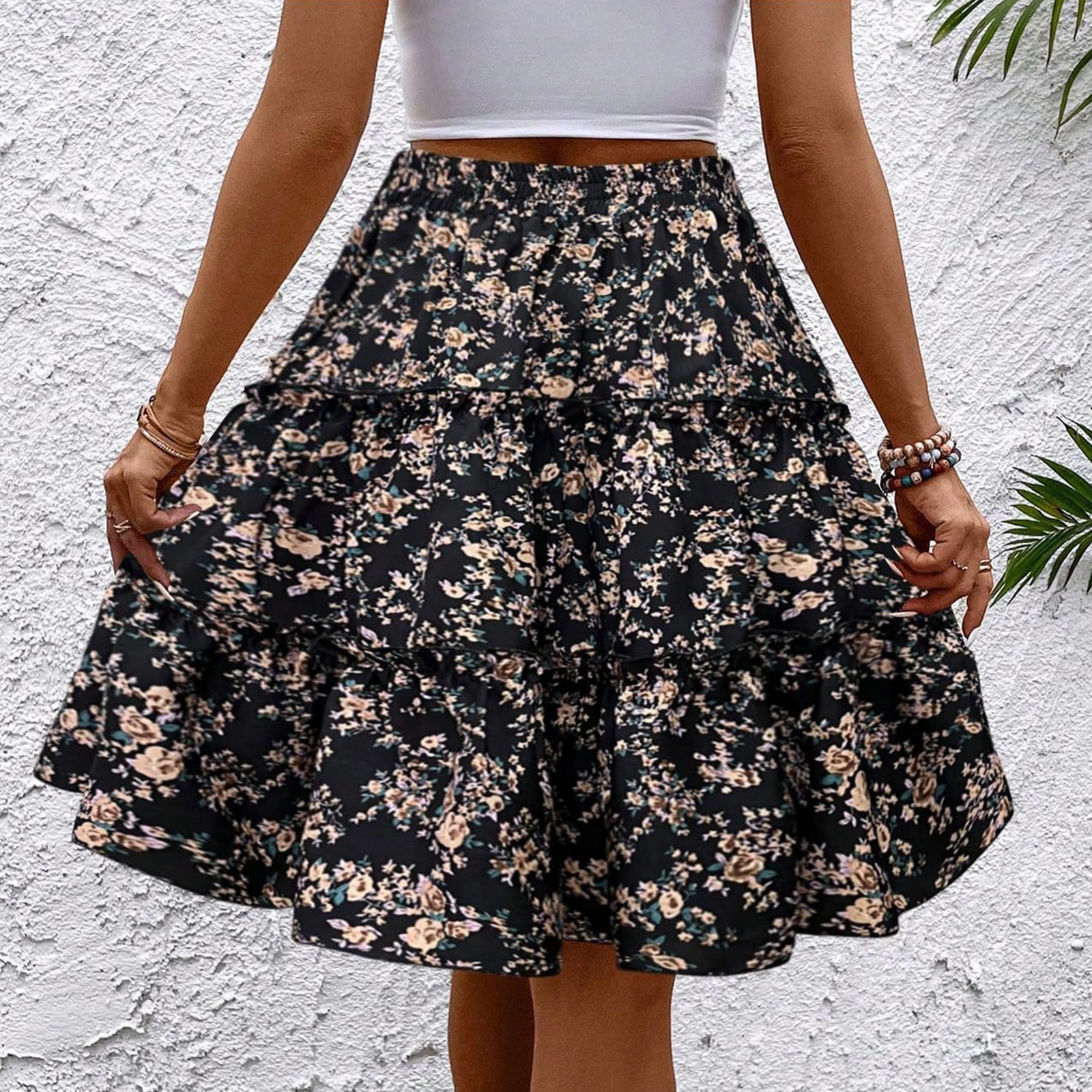 Femmes épissées ​ ​ Jupe gâteau à la mode imprimé fleuri, sangle de taille élastique, jupes décontractées polyvalentes, jupe confortable jusqu'aux genoux