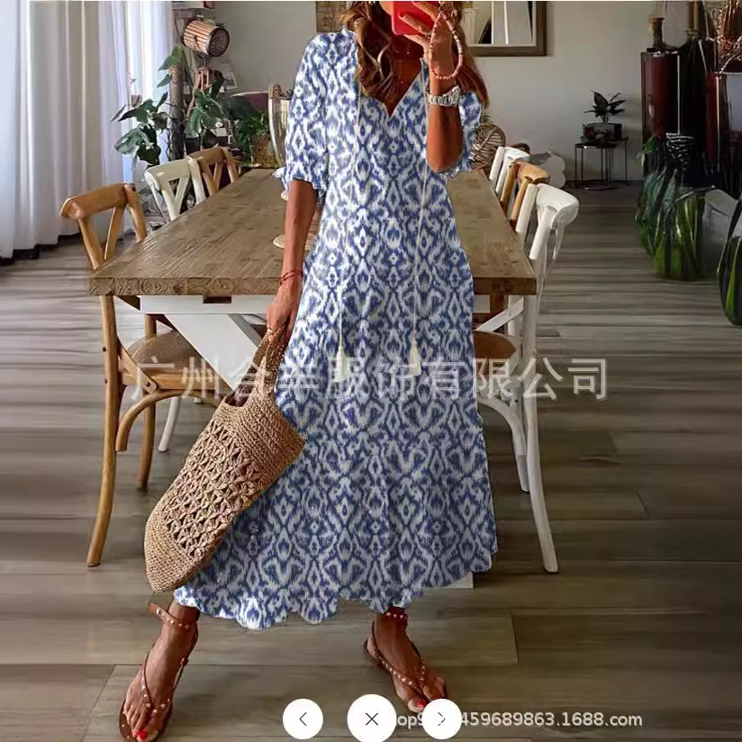 Robe longue à manches mi-longues pour femmes, ample, imprimé bohème, col en v, vêtements, nouvelle collection printemps été 2025