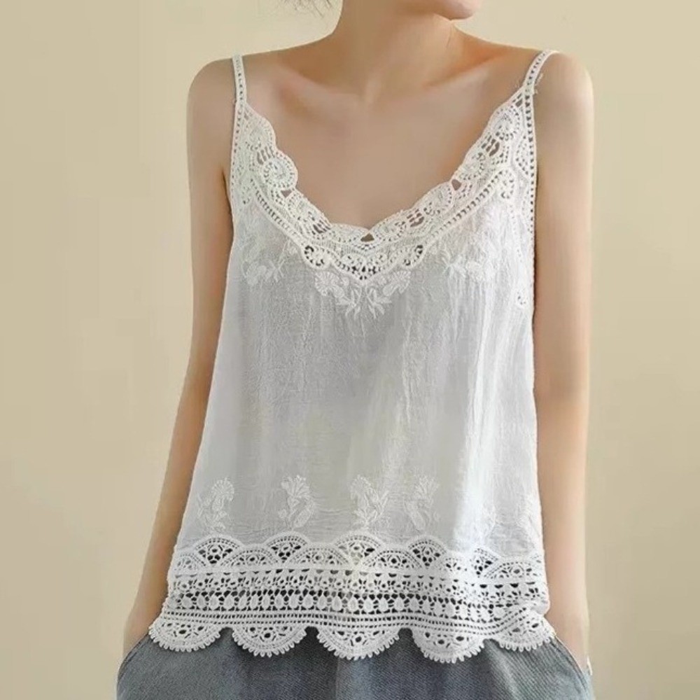Vêtements de plage style vacances, style bohème, débardeur, camisole d'été douce à bords en dentelle, haut sans manches ample en coton à col en V, style français
