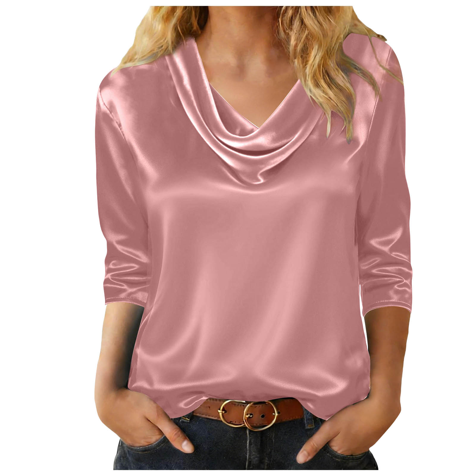Chemise en satin à col châle pour femmes, rose, manches 3/4, chemise habillée décontractée à col châle, manches 4/4, hauts pour femmes, chemises de travail