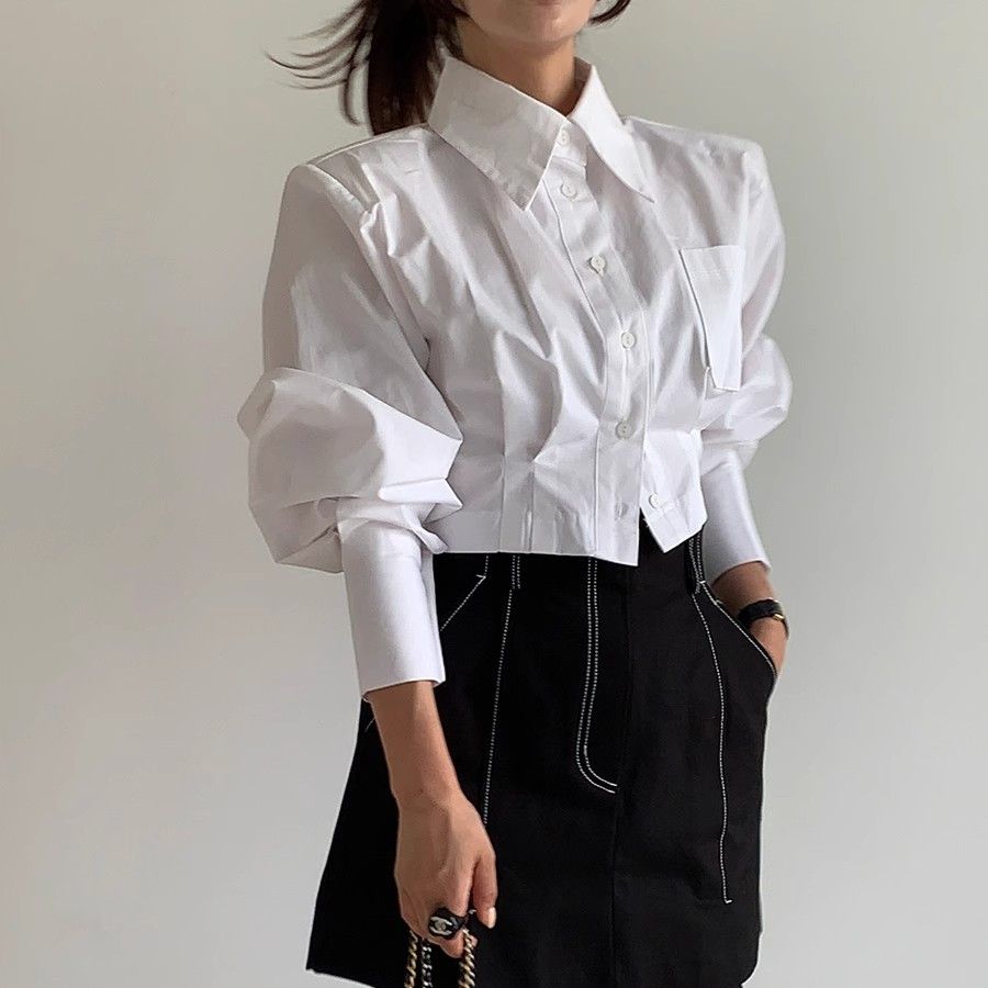 Chemisier décontracté printemps-été pour femme, chemise à manches longues unie avec lacets, haut court élégant pour le bureau, chemisier blanc