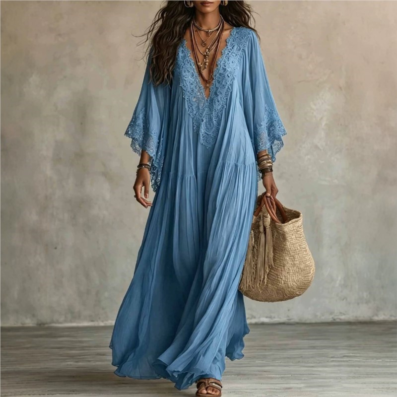 Robe longue élégante unie pour femme, décontractée, avec dentelle, col en V sexy, fluide, pour la plage, les vacances, les fêtes, Vestidos