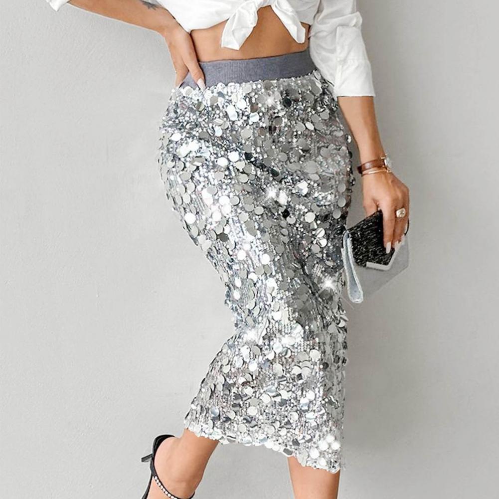 Jupe Sexy à paillettes, taille haute, moulante aux hanches, à la mode, couleur unie, élégante, mi-longue, jupes à paillettes