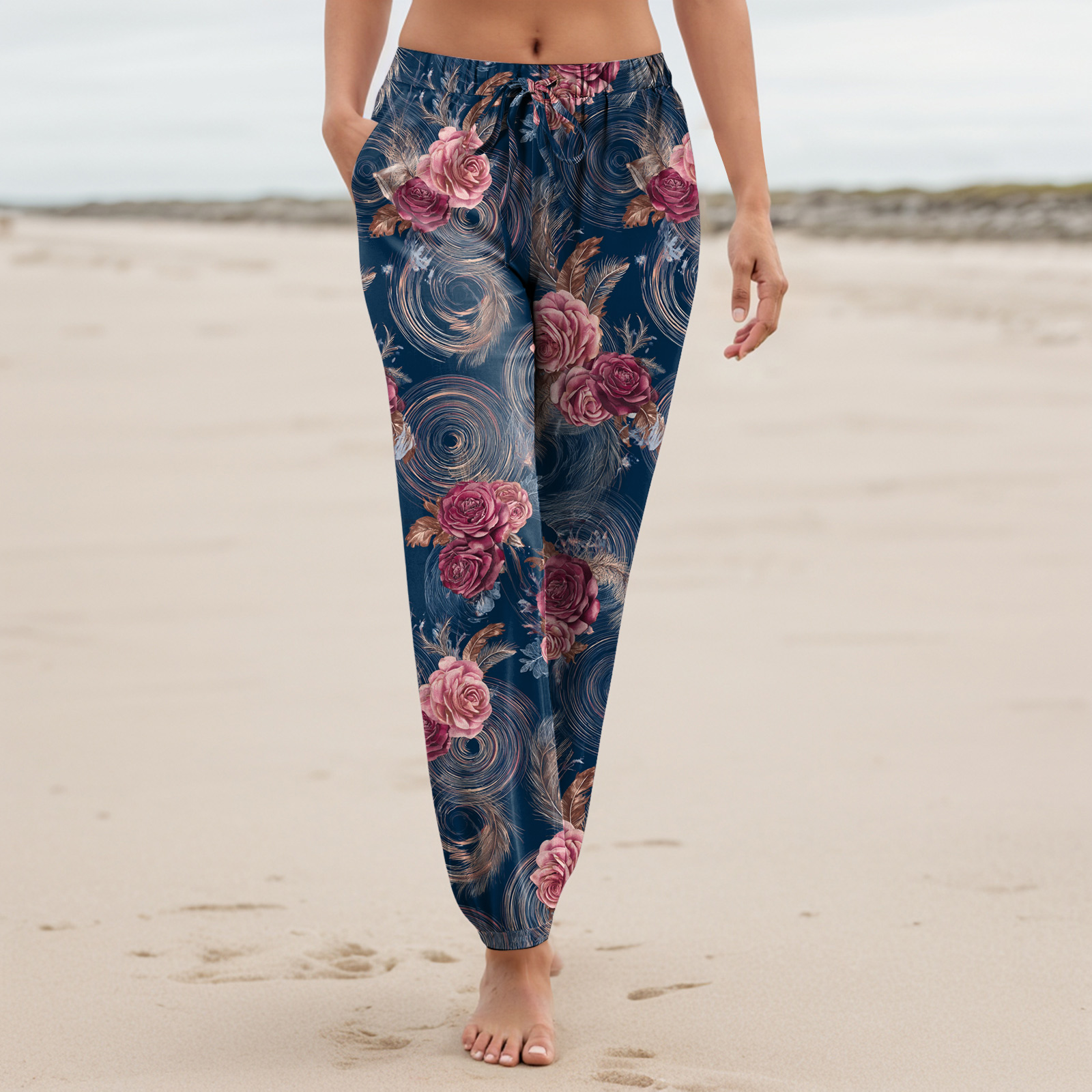 Pantalon de plage bohème à fleurs pour femmes, léger, décontracté, style harem, taille haute, avec poches, pour les vacances, pantalon long