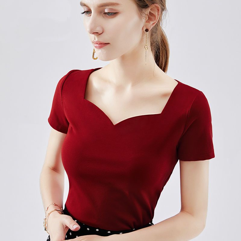 T-shirt à manches courtes pour femme, nouveau style rétro, col carré, coupe ajustée, style étranger, polyvalent, tendance