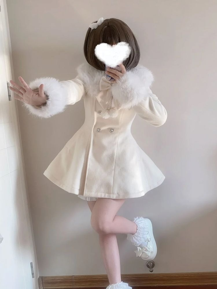 Manteau élégant et mignon pour femmes, style japonais automne-hiver, col en fausse fourrure, manches longues, haut décontracté, style Lolita, avec nœud et boutons, veste chaude et douce.