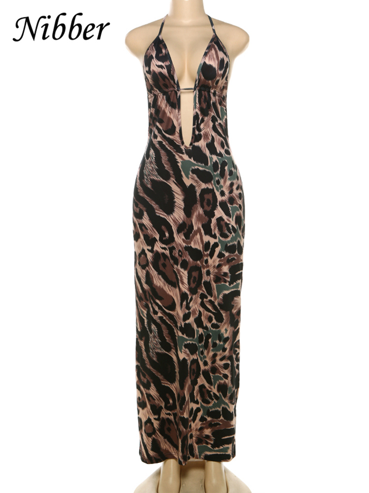 Nibber Léopard Imprimer Robe Femmes D'été Dos Nu Skinny Élastique Halter Coquette Minuit Skinny Élastique Club Moulante