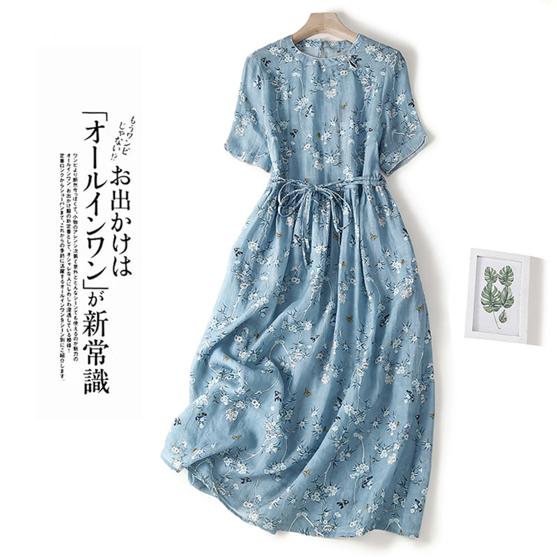 2025 nouveau mince coton doux imprimé fleuri ample confortable Vintage robe d'été ceinture mince bureau dame travail robe femmes décontracté robe mi-longue