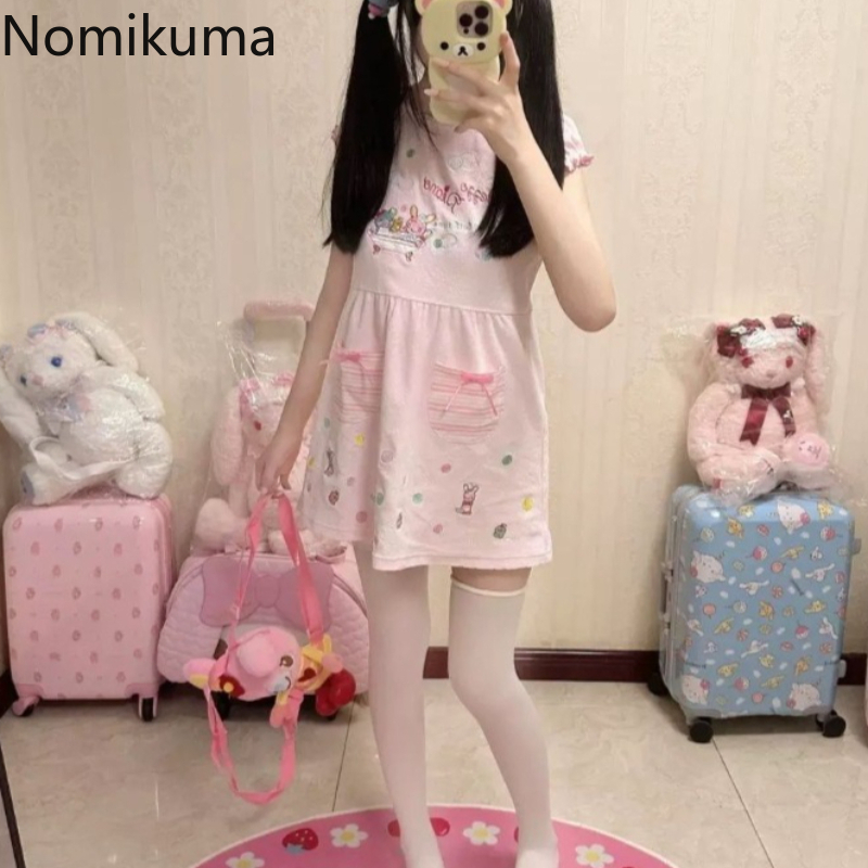 Robe japonaise pour femmes 2025 Vestidos De Mujer Robe d'été brodée mignonne à manches courtes col rond tunique robe douce de dessin animé Femme