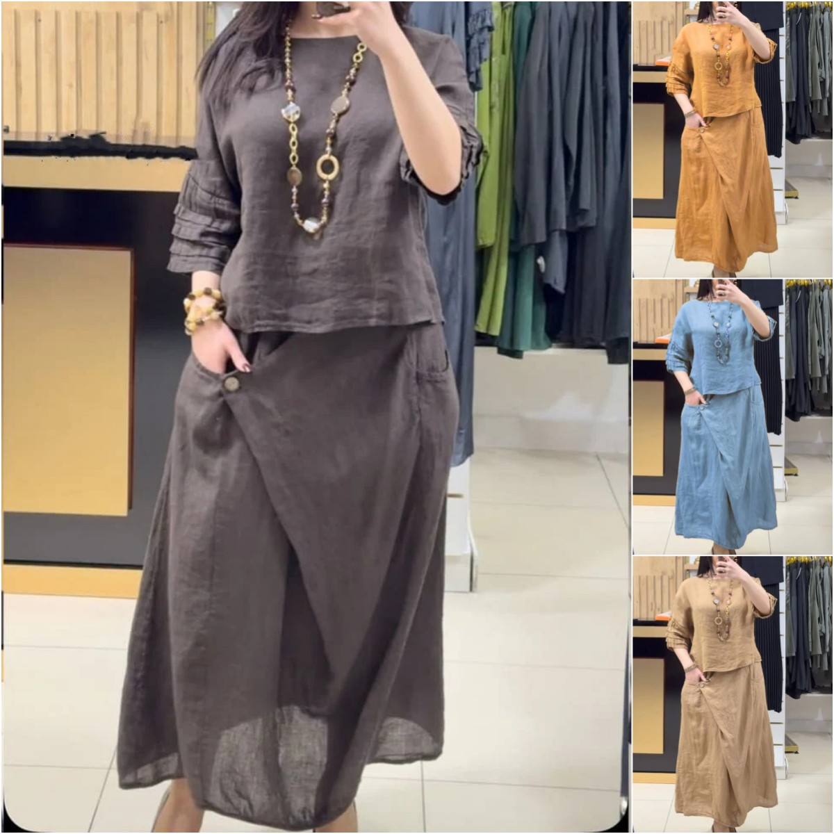 Ensemble jupe deux pièces pour femmes, hauts amples et solides, pull-over, chemise, costumes, poches décontractées, jupes chics, taille haute, Streetwear, tenues d'été