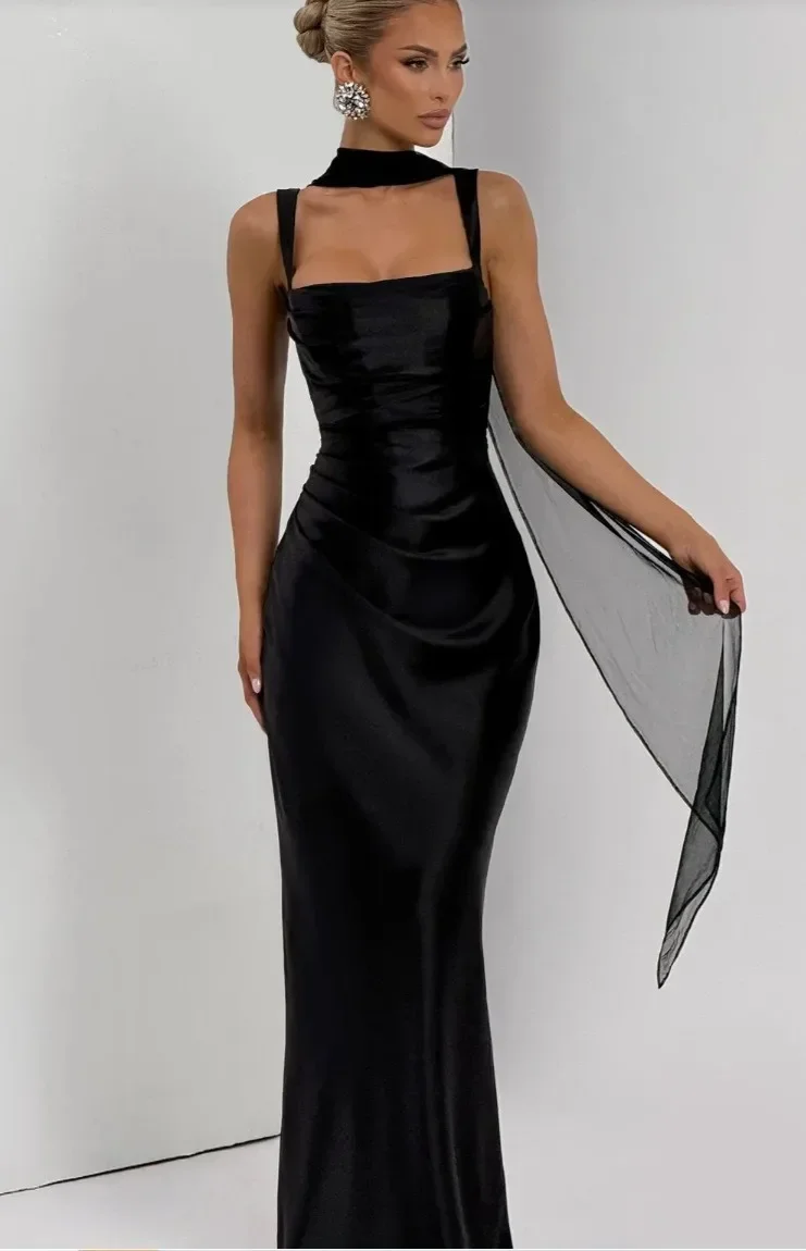 Robe longue plissée à col écharpe pour femmes, élégante, Sexy, couleur unie, sans manches, épaules dénudées, Slim, robe de soirée, 2026